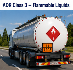 Cisternă de combustibil care transportă lichide inflamabile, cu semne de pericol ADR Clasa 3