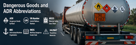 Camion ADR care transportă mărfuri periculoase, cu etichete de pericol și numere UN pe o autostradă europeană