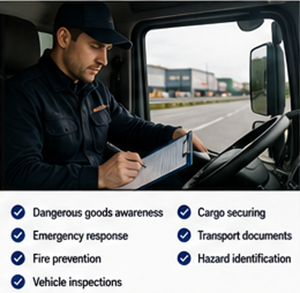 Șofer certificat ADR pentru mărfuri periculoase efectuând o inspecție a vehiculului