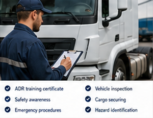 Șofer certificat ADR care inspectează un vehicul de transport pentru mărfuri periculoase în Europa
