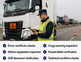 Control ADR în trafic al unui camion cu mărfuri periculoase și al șoferului în Europa