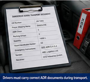 Documente ADR de transport și acte pentru mărfuri periculoase în cabina camionului