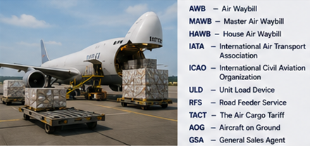 Operațiuni cargo aerian cu avion de marfă, logistică aeroportuară și abrevieri pentru transport aerian internațional și proceduri vamale