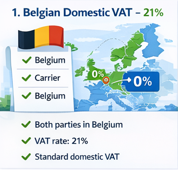 Harta Belgiei cu rute de transport care indică aplicarea TVA intern de 21% pe facturile ExusTrans