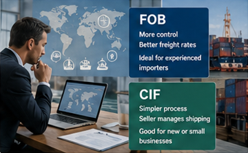 Importator care compară opțiunile de transport FOB și CIF pentru transport internațional de marfă