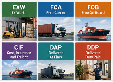 Prezentare generală a Incoterms frecvente, inclusiv EXW, FOB, CIF, DDP și DAP în logistica globală