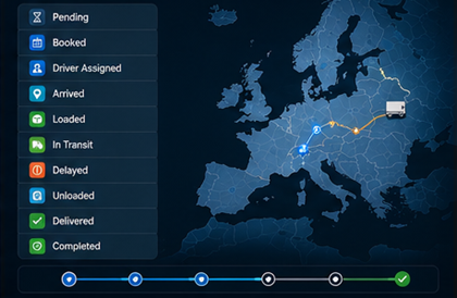 Statusuri de urmărire a transporturilor afișate într-un sistem software de transport logistic