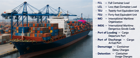 Operațiuni de transport containerizat cu nave de marfă, terminale portuare și abrevieri pentru transport maritim și logistică internațională