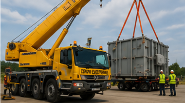 Camion cu macara încărcând marfă agabaritică în timpul unei operațiuni de transport greu