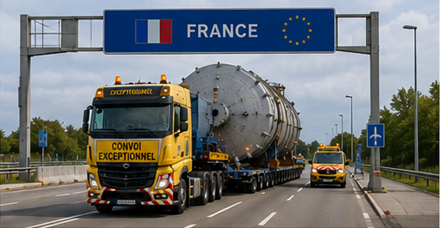Convoi internațional de transport supradimensionat traversând granițele europene