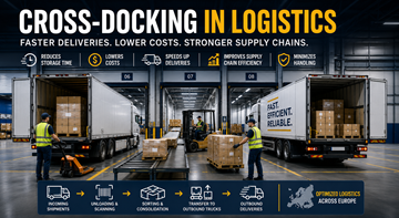 Depozit de cross-docking cu camioane care încarcă și descarcă mărfuri într-un centru logistic european modern