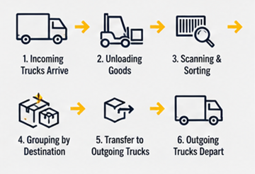 Flux de lucru cross-docking cu camioane logistice la intrare și la ieșire