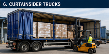Camion cu prelată încărcat cu paleți într-un centru logistic european