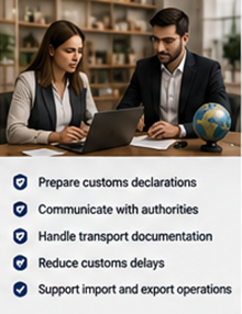 Broker vamal și expeditor (freight forwarder) gestionând documente de transport internațional și logistică