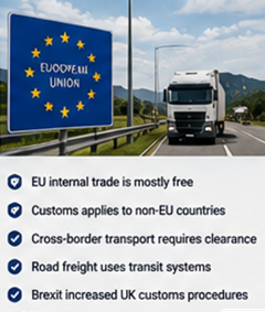 Camioane europene trecând frontierele și finalizând proceduri vamale în operațiuni logistice
