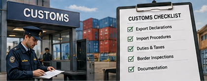 Ofițeri vamali verificând marfă internațională și documente de transport pentru operațiuni de import export