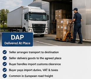 Camion care livrează marfa la destinația clientului conform termenilor de livrare DAP