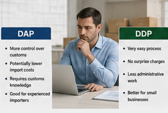Importator care compară opțiunile de transport internațional DDP și DAP