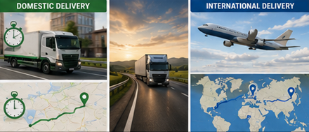 Prezentarea timpilor de livrare interni și internaționali cu camioane logistice, avioane, hărți și rute de transport