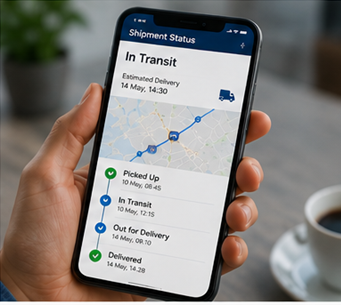 Client folosind o aplicație de urmărire a livrării pe smartphone, cu actualizări live ale expedierii și notificări
