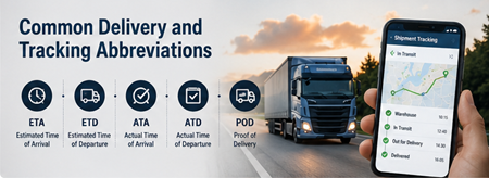 Interfață de tracking al expediției care afișează ETA, ETD și statusuri de livrare în operațiuni de transport