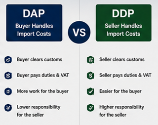 Comparație vizuală între responsabilitățile de livrare DDP și DAP în logistica internațională