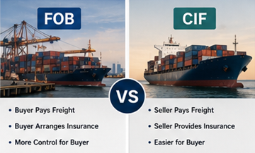 Comparație vizuală a responsabilităților FOB și CIF în logistica internațională
