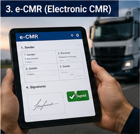 Șofer utilizând documentul digital e-CMR pe tabletă în timpul transportului logistic