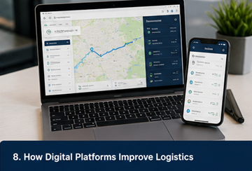 Panou de control al unei platforme digitale de logistică ce arată urmărire, comunicare și comenzi de transport