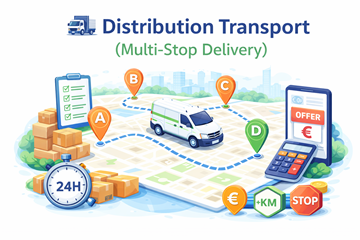 Transport de distribuție cu mai multe opriri de livrare pe aceeași rută, evidențiind logistica multi-stop și prețuri flexibile
