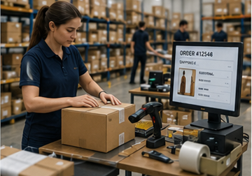 Centru de fulfillment pentru e-commerce care procesează comenzi online ale clienților