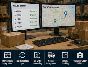 Depozit de e-commerce care folosește un sistem de management al depozitului pentru fulfillment-ul comenzilor online