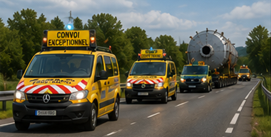 Vehicule de însoțire care acompaniază un convoi de transport agabaritic pe autostradă europeană