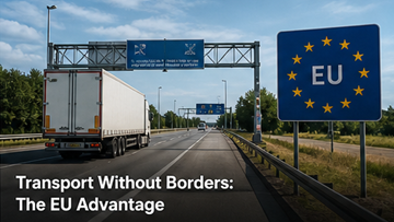 Camion care trece granița europeană fără vamă, piața unică UE, libera circulație a mărfurilor, autostradă în Europa