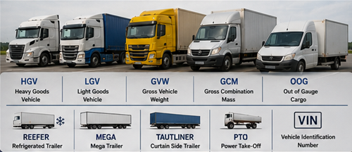 Diferite vehicule comerciale europene, inclusiv camion frigorific, mega trailer, camion cu prelată, furgonetă și vehicule de transport cu platformă