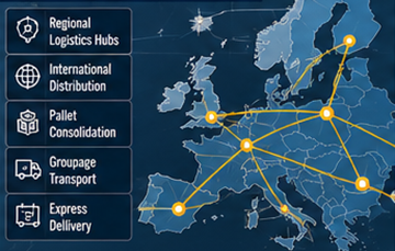 Rețea europeană de transport care utilizează hub-uri logistice de cross-docking și centre de distribuție
