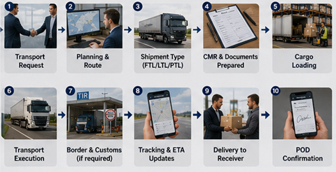 Proces de logistică rutieră în Europa cu camioane, depozite și transport internațional de marfă