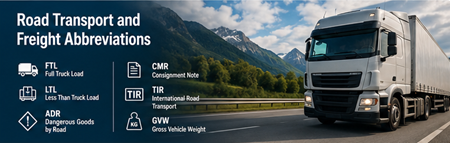 Camion de marfă european transportând încărcătură pe autostrăzi, reprezentând abrevieri din transportul rutier