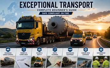 Camion de transport excepțional care transportă marfă industrială agabaritică pe o autostradă europeană, cu vehicule de însoțire