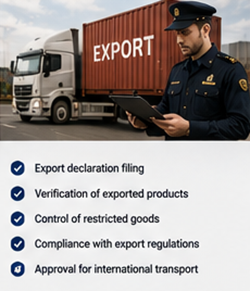 Marfă la export și ofițeri vamali care procesează documentele pentru expedierea internațională