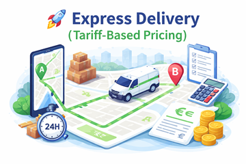 Transport express cu rută din punctul A în punctul B, care evidențiază tarifarea în funcție de distanță și expedierea rapidă