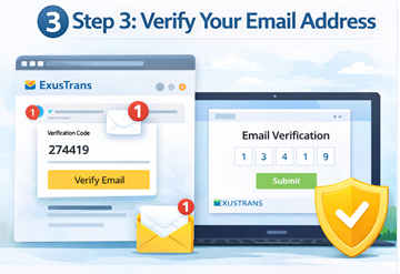 Verificarea adresei de e-mail pe ExusTrans folosind un cod numeric de confirmare în timpul înregistrării ca client