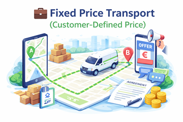 Comandă de transport cu preț fix, cu rută din punctul A în punctul B, evidențiind prețul stabilit de client și acordul cu transportatorul