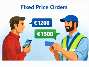 Client și transportator negociind un preț fix de transport pe aplicație mobilă și platformă digitală