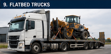 Camion platformă transportând materiale de construcții și marfă agabaritică