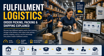 Depozit modern de logistică de fulfillment, cu lucrători care împachetează comenzi online și pregătesc expedieri