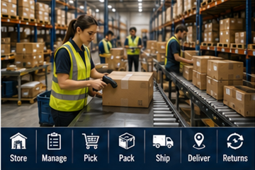 Lucrători în depozit care procesează operațiuni de fulfillment și comenzi online