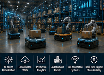 Sistem de management al depozitului al viitorului care folosește robotică AI și tehnologie digitală logistică
