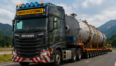 Cap tractor pentru sarcini grele tractând o remorcă cu marfă agabaritică pe autostradă