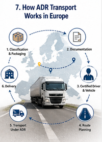 Proces logistic ADR în Europa, cu rută de transport pentru mărfuri periculoase și proceduri de conformitate